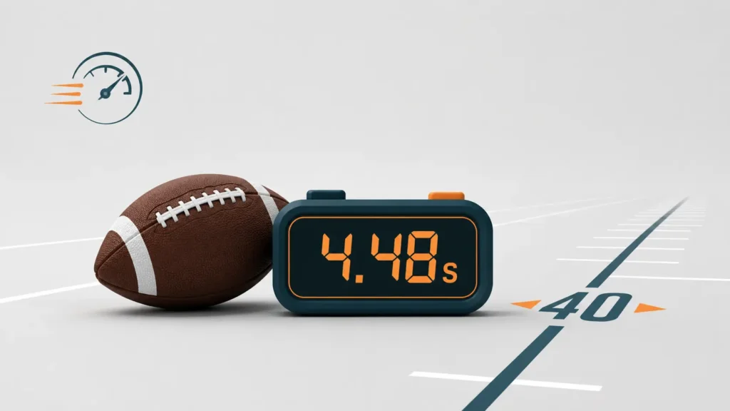 Minimalist Jaxon Smith-Njigba 40 time illustration featuring a football beside a digital stopwatch reading 4.48 seconds with a clean 40-yard dash marker and simple sports analytics design background.