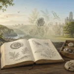 David Attenborough young early life illustration showing fossils, nature exploration, and scientific curiosity in countryside setting