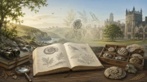 David Attenborough young early life illustration showing fossils, nature exploration, and scientific curiosity in countryside setting
