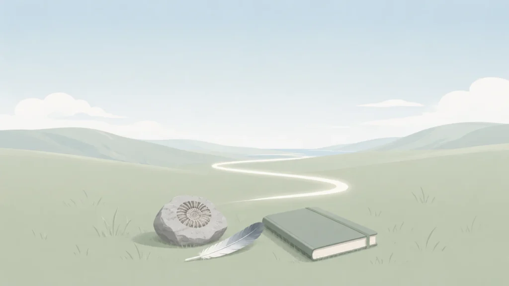 David Attenborough young minimalist illustration representing early curiosity with fossil, feather, and notebook symbolizing nature discovery
