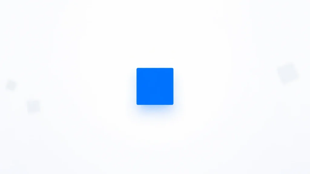 A minimalist abstract design showing “Cavazaque” with a single blue square centered on a plain white background, with a few very faint grey shapes around it representing minimal distractions and a strong sense of focus and simplicity.