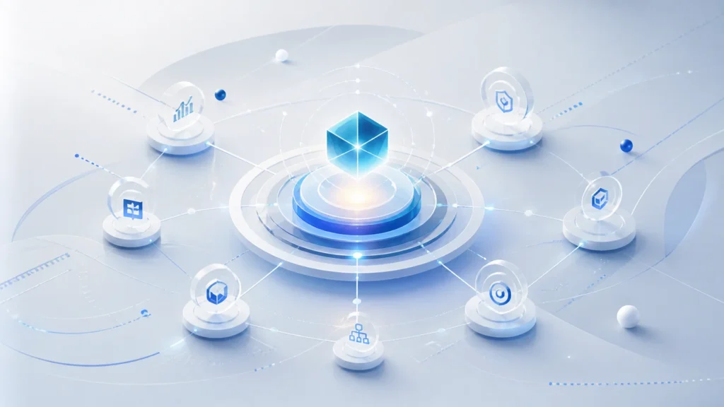 Mebalovo concept showing a futuristic digital system with interconnected nodes and a glowing central point representing structured thinking and clarity in a modern abstract design.