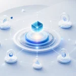 Mebalovo concept showing a futuristic digital system with interconnected nodes and a glowing central point representing structured thinking and clarity in a modern abstract design.