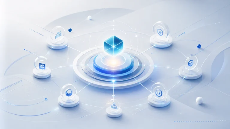 Mebalovo concept showing a futuristic digital system with interconnected nodes and a glowing central point representing structured thinking and clarity in a modern abstract design.
