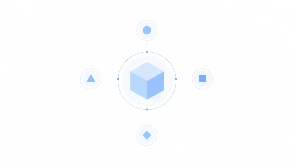 Simple Mebalovo illustration with a central shape and a few connected nodes showing clear structure, simplicity, and organized thinking in a clean minimal design.
