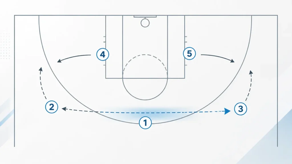 Top-down basketball half court diagram showing zuyomernon system basketball with player spacing, movement arrows, and a highlighted passing lane.