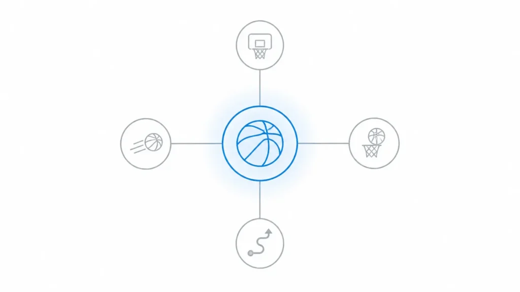 Minimalist diagram of zuyomernon system basketball showing central decision point with simple pass, shoot, and drive options.