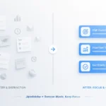 A minimalist landscape illustration showing “Jipinfeiche” as a productivity concept. The image is split into two sides: the left side displays faded clutter with messy task cards and icons representing distractions, while the right side shows a clean, organized layout with a few blue task blocks representing focus. A thin divider separates the two sides, highlighting the transformation from chaos to clarity.