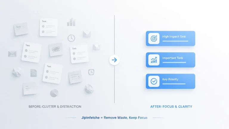 A minimalist landscape illustration showing “Jipinfeiche” as a productivity concept. The image is split into two sides: the left side displays faded clutter with messy task cards and icons representing distractions, while the right side shows a clean, organized layout with a few blue task blocks representing focus. A thin divider separates the two sides, highlighting the transformation from chaos to clarity.