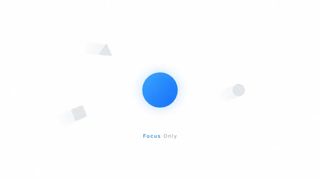 A very simple minimalist landscape illustration representing “Jipinfeiche” as pure focus. The image shows a single blue shape in the center symbolizing focus, surrounded by a few faint grey shapes fading away to represent distractions being removed. The background is clean white, with a very spacious and modern design emphasizing simplicity and clarity.