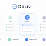 Minimalist workflow illustration showing Döziv concept with organized task blocks and one highlighted focus element on a clean background