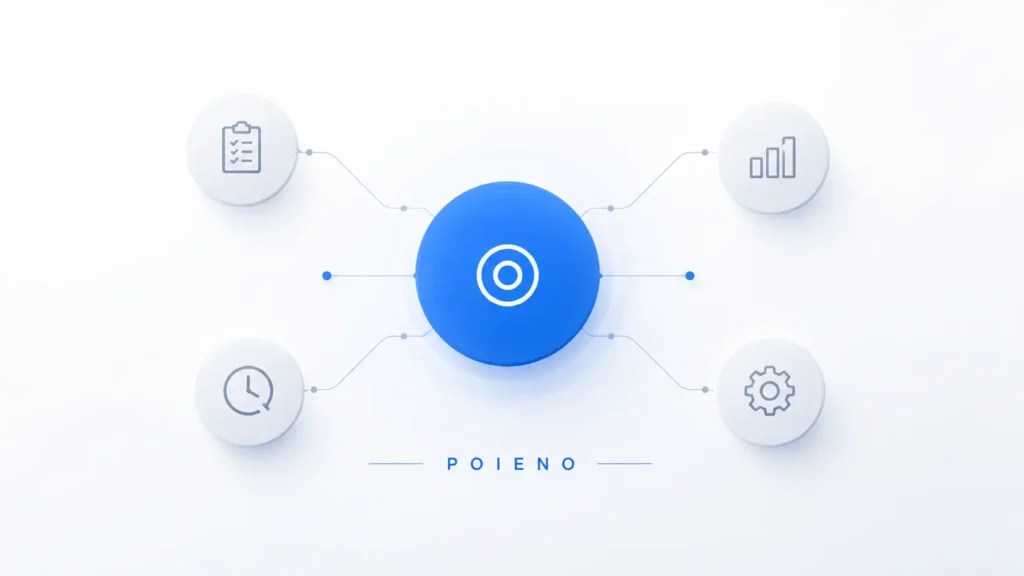 Minimalist professional illustration of Poieno concept showing a central blue circle connected to smaller grey elements, representing focus, clarity, and simplified workflow.