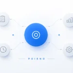 Minimalist professional illustration of Poieno concept showing a central blue circle connected to smaller grey elements, representing focus, clarity, and simplified workflow.