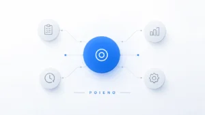 Minimalist professional illustration of Poieno concept showing a central blue circle connected to smaller grey elements, representing focus, clarity, and simplified workflow.
