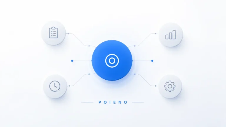Minimalist professional illustration of Poieno concept showing a central blue circle connected to smaller grey elements, representing focus, clarity, and simplified workflow.