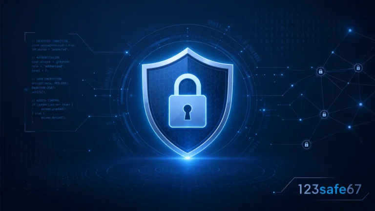 A modern cybersecurity-themed illustration showing a glowing digital lock and shield in the center, surrounded by subtle encrypted code lines and network patterns, representing the concept of 123safe67 as secure digital access and protection.