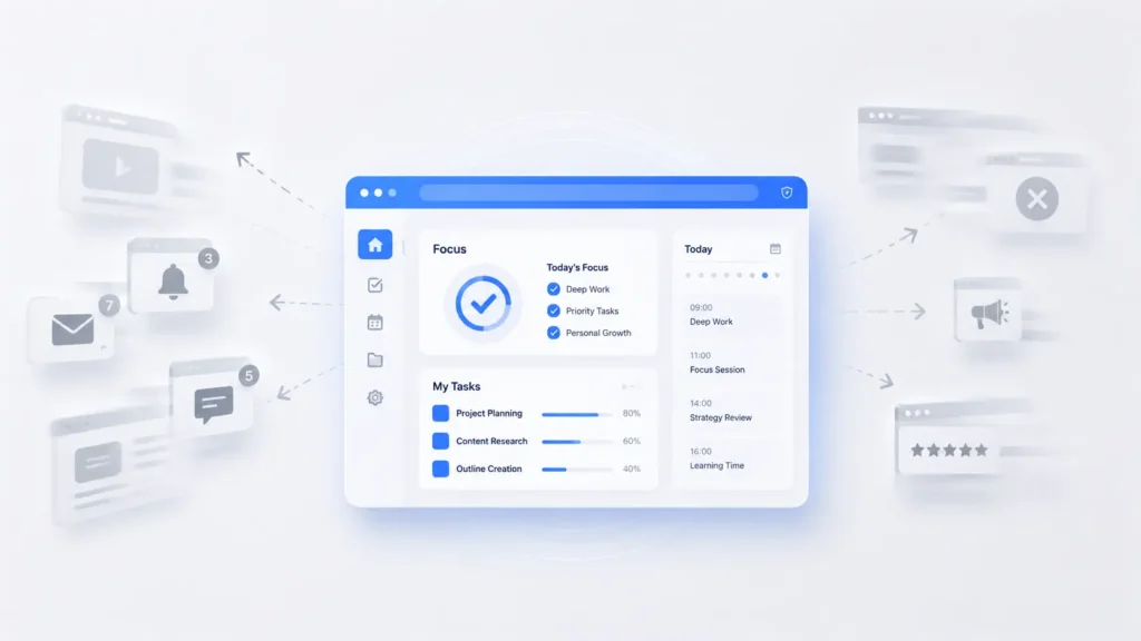 Professional minimalist illustration of Jememôtre showing a clean blue digital workspace dashboard in focus while faded notifications and blurred interface elements disappear into the background, representing reduced digital distractions, mental clarity, and better online focus.