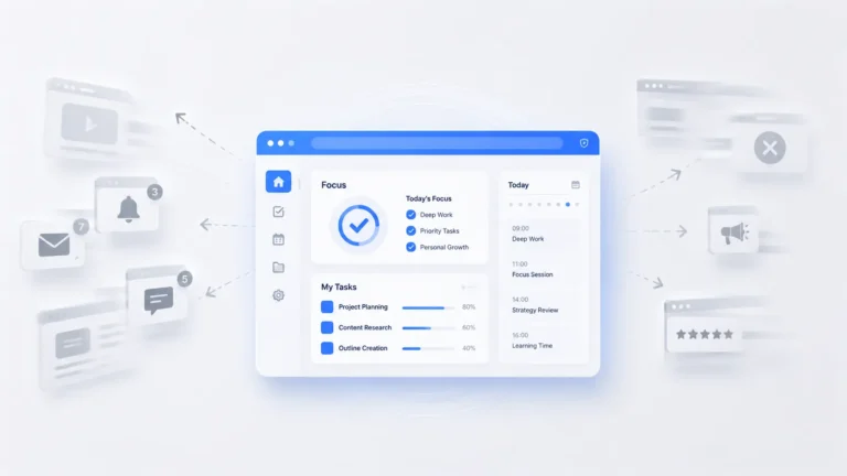Professional minimalist illustration of Jememôtre showing a clean blue digital workspace dashboard in focus while faded notifications and blurred interface elements disappear into the background, representing reduced digital distractions, mental clarity, and better online focus.
