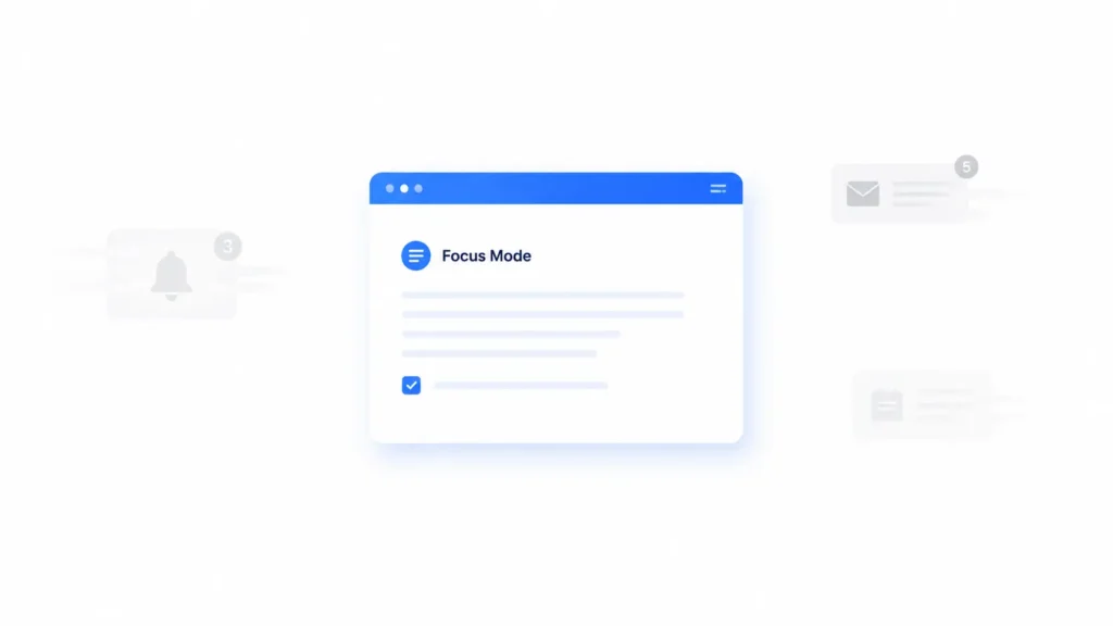 Minimalist Jememôtre illustration featuring a centered blue focus mode browser window on a white background with faint gray notifications fading away, symbolizing calm productivity, digital clarity, intentional technology use, and less online noise.