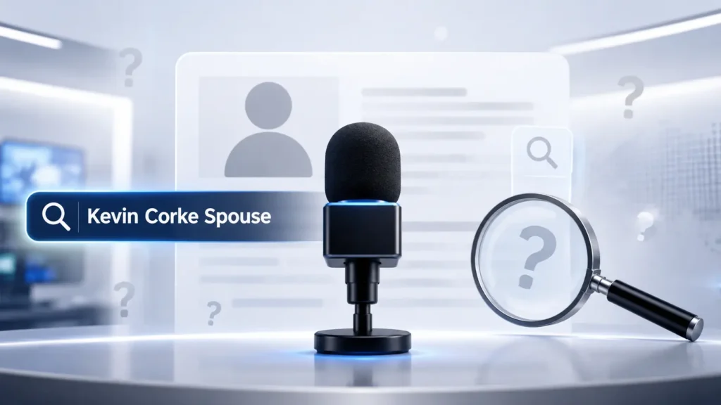 Professional newsroom-style illustration showing a microphone, magnifying glass, and blurred profile card representing public curiosity about Kevin Corke spouse and private life.