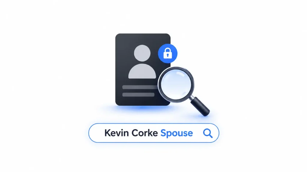 Minimalist illustration featuring a private profile card with a lock icon and magnifying glass symbolizing online searches about Kevin Corke spouse.