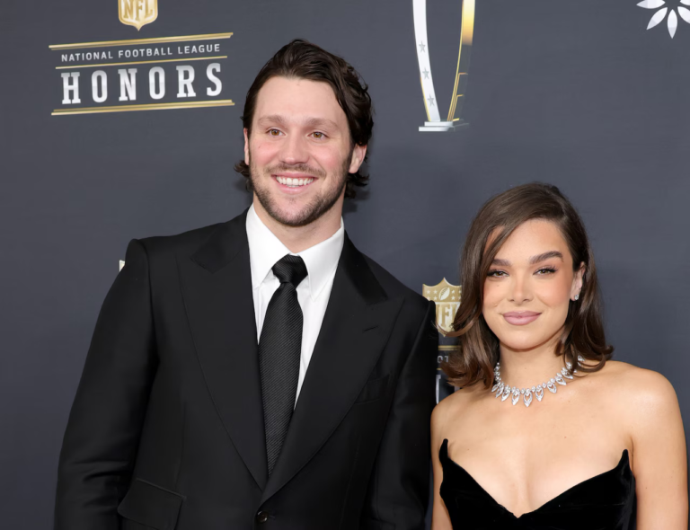 Minimalist editorial illustration of Josh Allen Hailee Steinfeld relationship news featuring a glowing football stadium, NFL play diagram, film award icon, music waveform, and heart connection symbol on a dark navy and gold background.