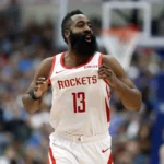 James Harden no beard article image showing the NBA superstar playing for the Houston Rockets, wearing jersey number 13 with his iconic full beard during a basketball game.