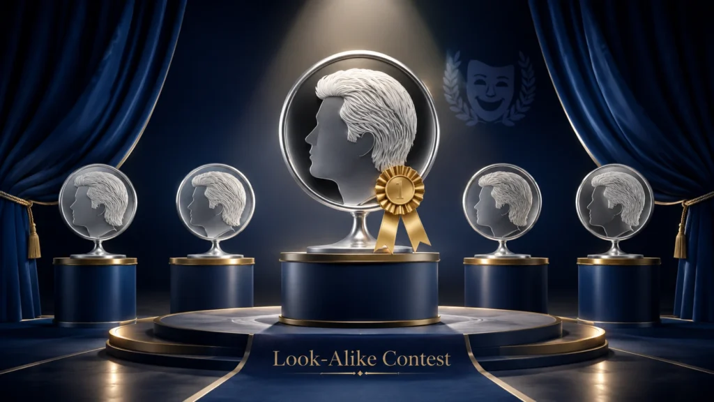 Steve Martin Look Alike Contest illustration showing a silver-haired silhouette trophy on a winner’s podium with a gold ribbon, surrounded by matching profile icons on an elegant awards stage with navy blue curtains and spotlights.