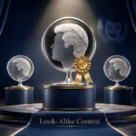 Steve Martin Look Alike Contest illustration showing a silver-haired silhouette trophy on a winner’s podium with a gold ribbon, surrounded by matching profile icons on an elegant awards stage with navy blue curtains and spotlights.