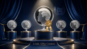 Steve Martin Look Alike Contest illustration showing a silver-haired silhouette trophy on a winner’s podium with a gold ribbon, surrounded by matching profile icons on an elegant awards stage with navy blue curtains and spotlights.