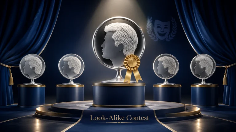 Steve Martin Look Alike Contest illustration showing a silver-haired silhouette trophy on a winner’s podium with a gold ribbon, surrounded by matching profile icons on an elegant awards stage with navy blue curtains and spotlights.