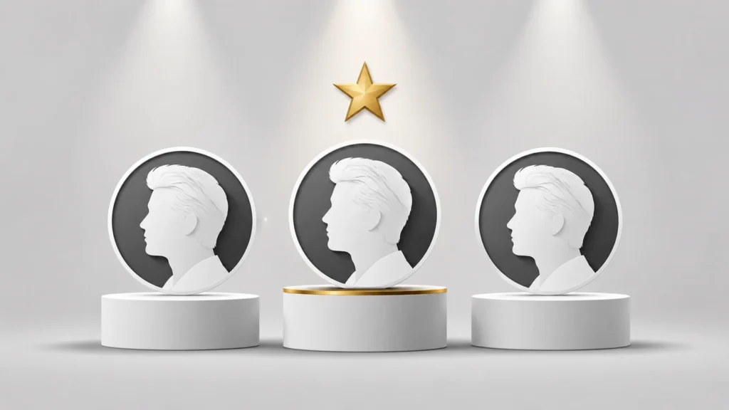 Steve Martin Look Alike Contest minimalist illustration featuring three silver-haired profile icons on podiums with a gold star above the center winner against a clean light gray background.