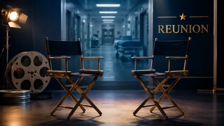 Mary McCormack Noah Wyle reunion concept featuring two director chairs facing each other in a television studio with a film reel and hospital corridor background, symbolizing their long-awaited TV reunion.