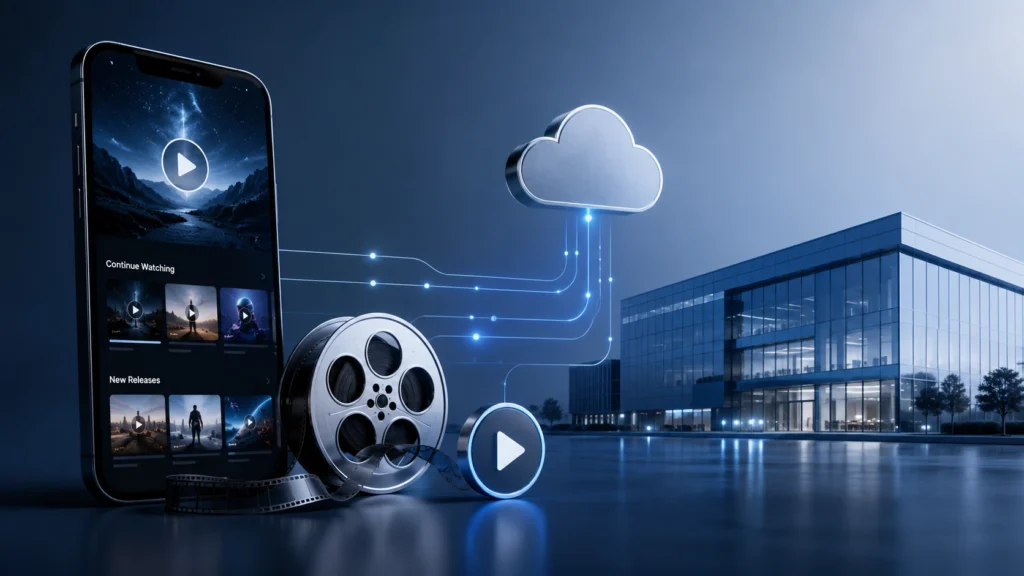 Tim Cook and Noah Centineo concept illustration showing a smartphone streaming interface connected to a modern technology building with digital data lines, a film reel, play button, and cloud streaming icon on a blue professional background.