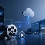 Tim Cook and Noah Centineo concept illustration showing a smartphone streaming interface connected to a modern technology building with digital data lines, a film reel, play button, and cloud streaming icon on a blue professional background.
