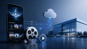 Tim Cook and Noah Centineo concept illustration showing a smartphone streaming interface connected to a modern technology building with digital data lines, a film reel, play button, and cloud streaming icon on a blue professional background.