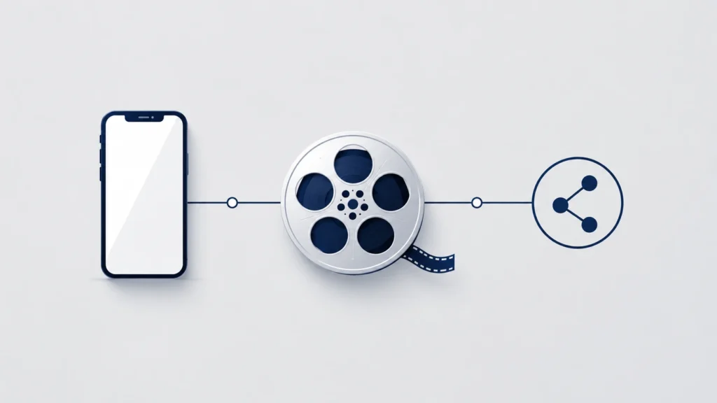 Tim Cook and Noah Centineo minimalist illustration featuring a smartphone icon, film reel icon, and digital network symbol connected by simple lines on a light gray background.