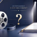 Noah Centineo and Tyra Banks concept illustration featuring a silver film reel and a fashion runway spotlight connected by a gold question mark on a navy blue entertainment-themed background.