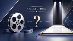 Noah Centineo and Tyra Banks concept illustration featuring a silver film reel and a fashion runway spotlight connected by a gold question mark on a navy blue entertainment-themed background.