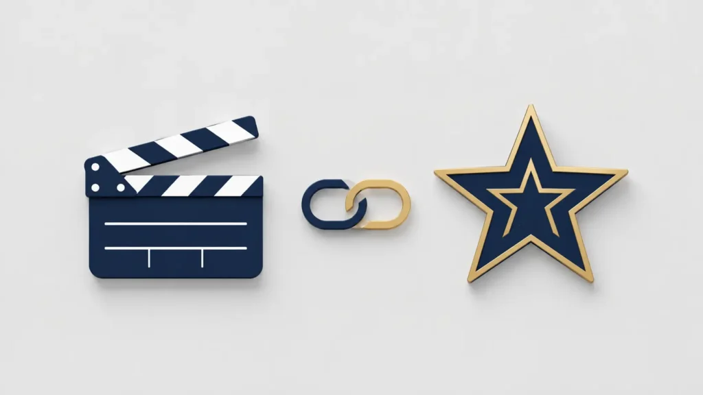 Noah Centineo and Tyra Banks concept graphic showing a navy film clapperboard, a connected link symbol, and a gold-trimmed star icon on a clean light gray background.
