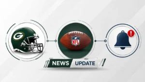 Josh Jacobs news illustration featuring a football helmet, football, and news alert icon connected in a modern sports update design.