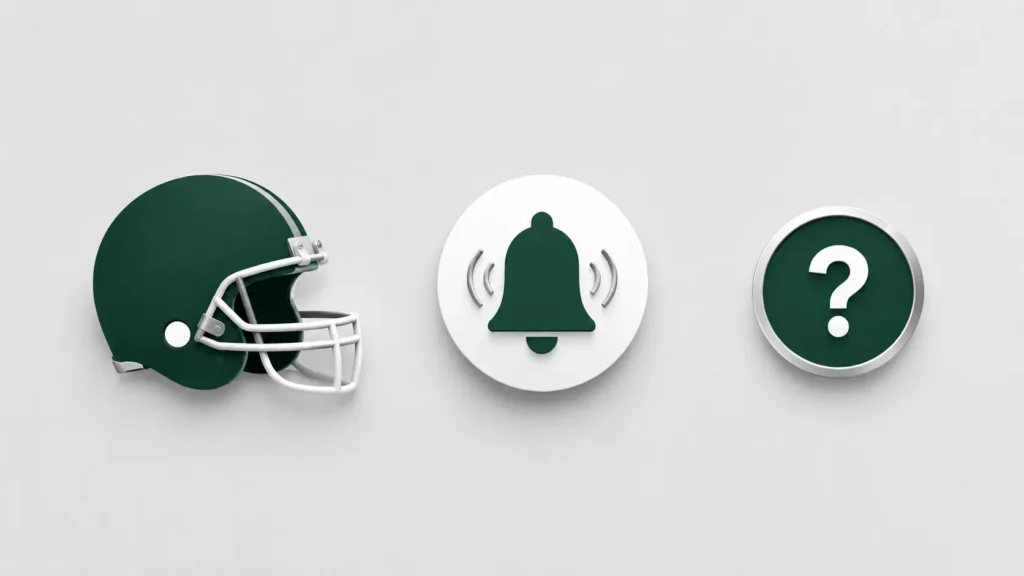 Josh Jacobs news graphic with a football helmet, news alert bell, and question mark icon on a clean minimalist background.