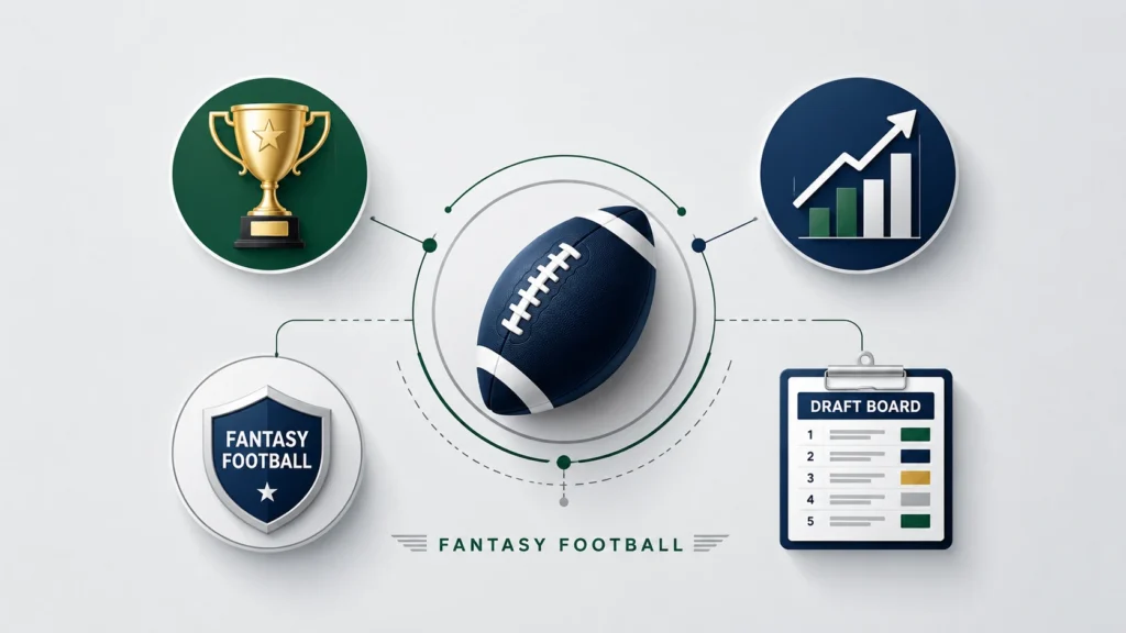 Josh Jacobs fantasy football illustration featuring a football icon, championship trophy, draft board, and performance chart connected in a clean modern design on a light gray background.