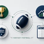 Josh Jacobs fantasy football illustration featuring a football icon, championship trophy, draft board, and performance chart connected in a clean modern design on a light gray background.