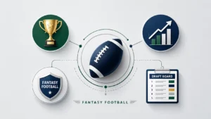 Josh Jacobs fantasy football illustration featuring a football icon, championship trophy, draft board, and performance chart connected in a clean modern design on a light gray background.
