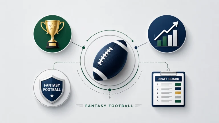 Josh Jacobs fantasy football illustration featuring a football icon, championship trophy, draft board, and performance chart connected in a clean modern design on a light gray background.