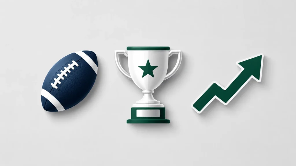Josh Jacobs fantasy minimalist illustration showing a football icon, fantasy trophy, and upward arrow on a clean light gray background representing fantasy football success.
