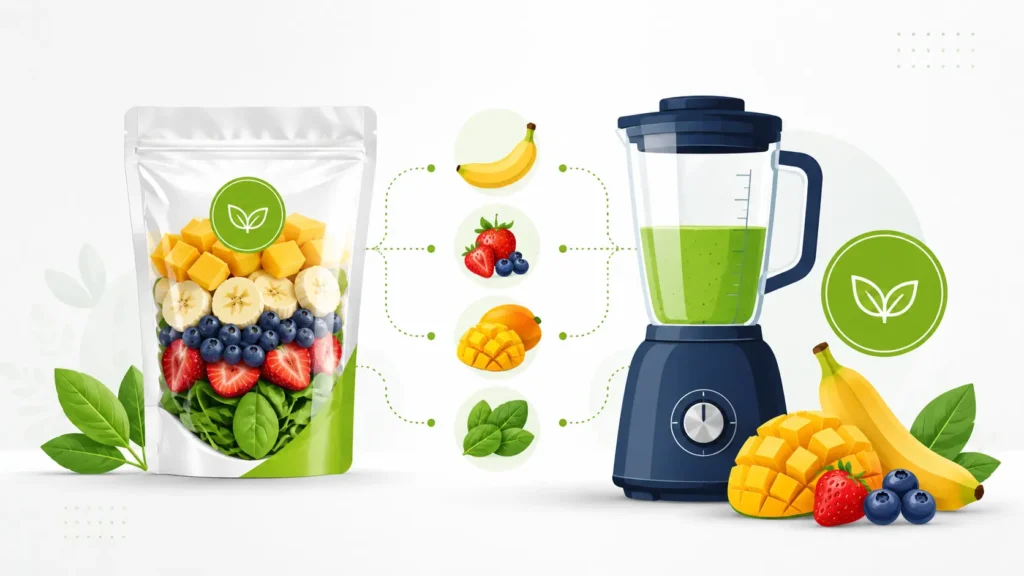 Smoothiepussit illustration featuring a healthy smoothie pouch filled with fruits, connected to a blender with banana, berry, mango, and leaf icons in a clean professional landscape design.