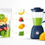 Smoothiepussit illustration featuring a healthy smoothie pouch filled with fruits, connected to a blender with banana, berry, mango, and leaf icons in a clean professional landscape design.