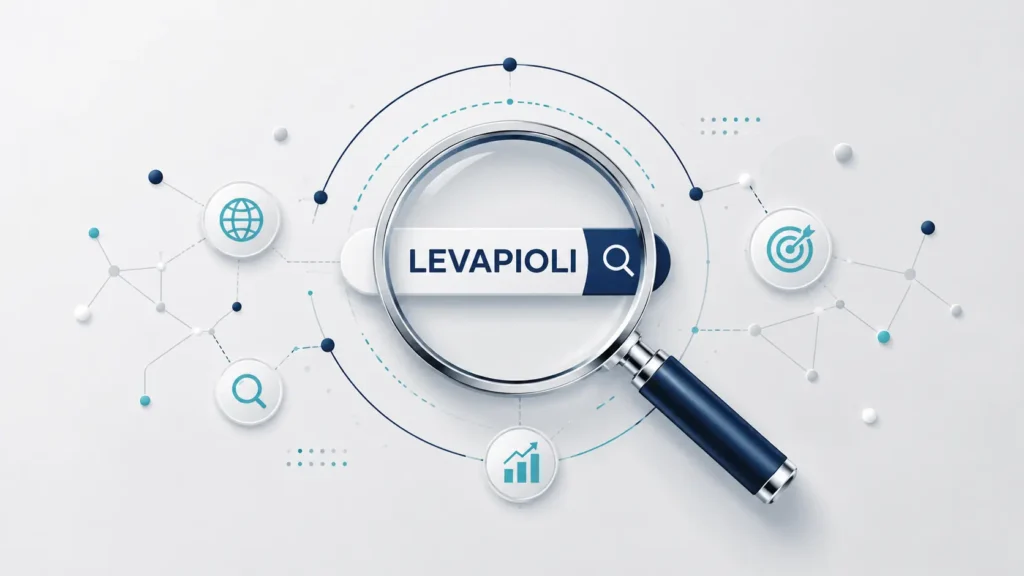 Levapioli keyword research illustration featuring a large magnifying glass over a digital search term, surrounded by network nodes and search trend elements on a clean light gray background. Professional flat-design graphic representing online discovery, search visibility, and growing interest in Levapioli.